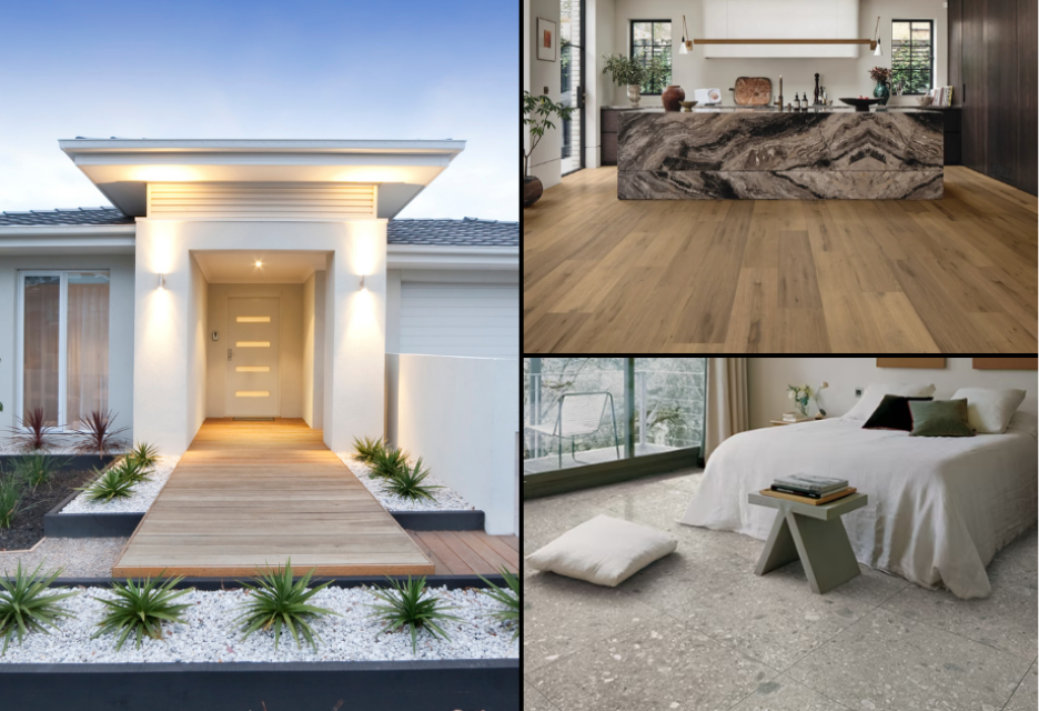 composite image showing a contemporary inspired home alongside interior views of contemporary flooring